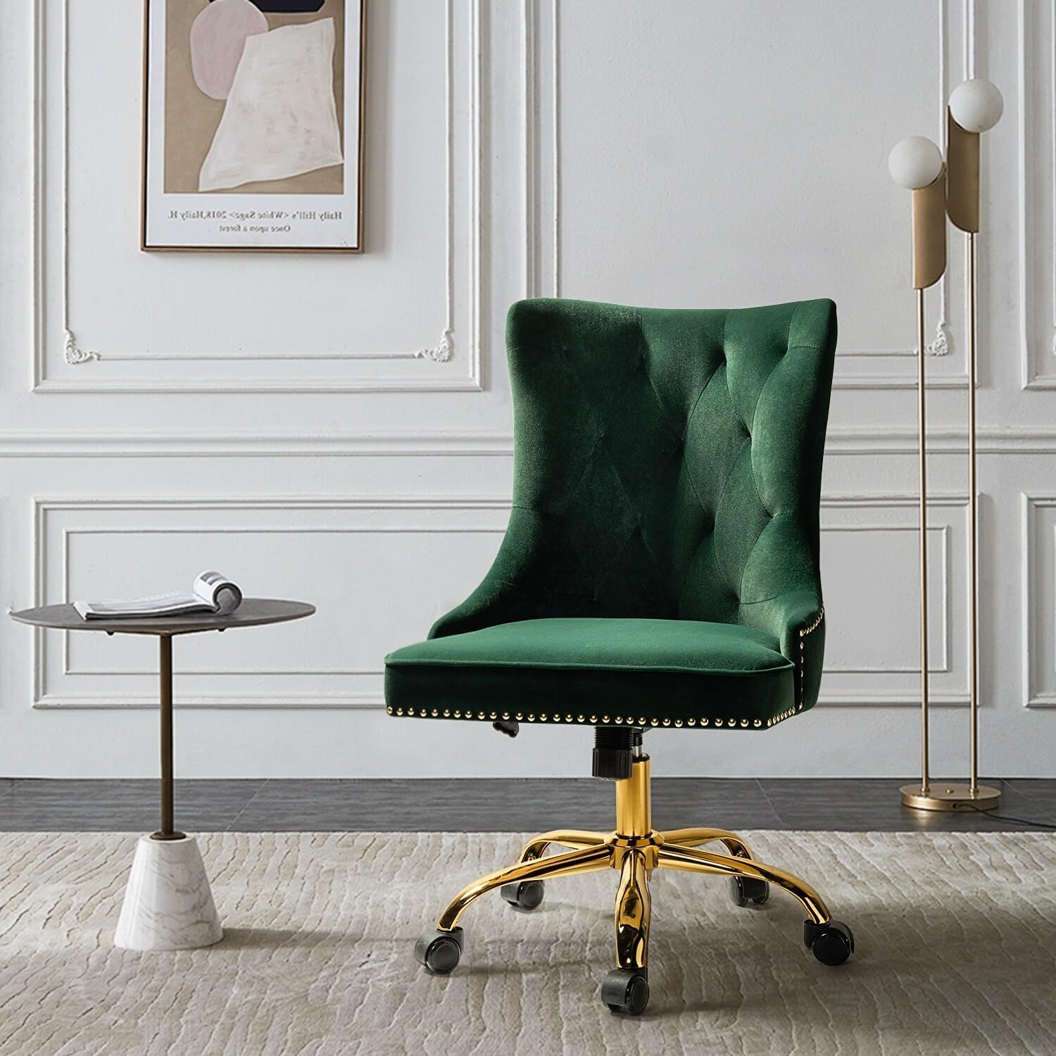 HULALA HOME Adelaida Modern Velvet Adjustable Office Task Chair with Gold Swivel Base by Green