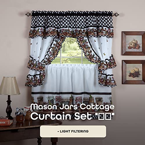 Printed Cottage Tier and Swag Window Curtain Set - 57 Inch Width, 24 Inch Length - Mason Jars - Light Filtering Drapes for Kitchen, Living & Dining Room by Achim Home Decor