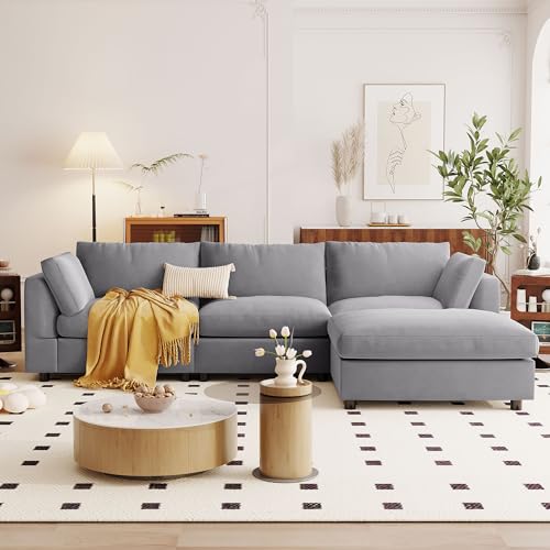 Modular Sectional Sofa Couch, L Shape Sofa with Reversible Chaise, 4 Seater Grey Modern Convertible Sectional Couch for Living Room, Apartment, Office (White, 100.4