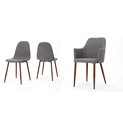 Christopher Knight Home Raina Mid-Century Modern Fabric Dining Chairs with Wood Finished Metal Legs, 2-Pcs Set, Light Grey / Dark Brown