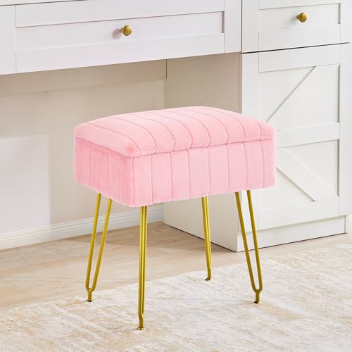 Redlife Vanity Stool with Storage, Vanity Stool Chair, Faux Fur Vanity Chair with Gold Metal Leg, Footrest Footstool Ottoman, Multifunctional Makeup Vanity Chair for Vanity Makeup Room Bedroom(White)