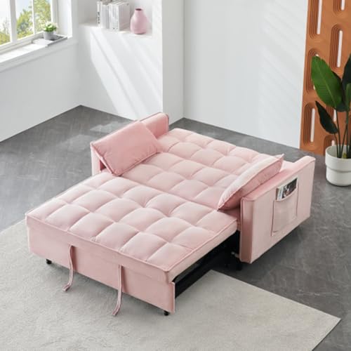 Sofa Bed with Pull-Out Bed Small Loveseat Casual Rollaway with Back Fabric Beds with Pillow and Pockets 3 in 1 Convertible Sleeper Couch for Living Room,W1658P166813-Pink