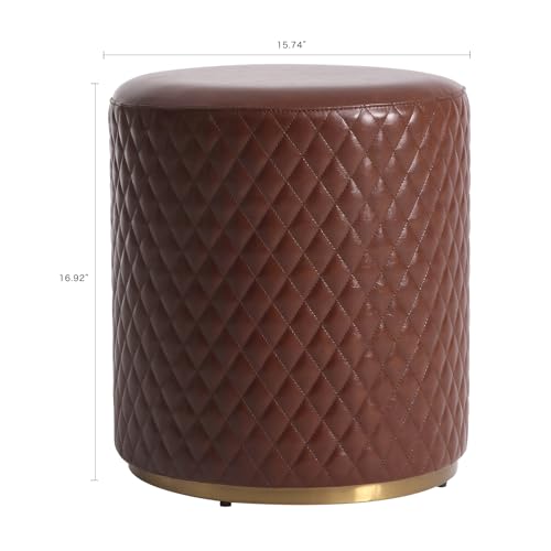 Faux Oil Waxed Leather Vanity Stool Chair for Makeup Room Round Dark Brown Leather Ottoman Foot Rest Stool for Living Room Silla para Vanity de Maquillaje Vanity Seat, Dark Brown