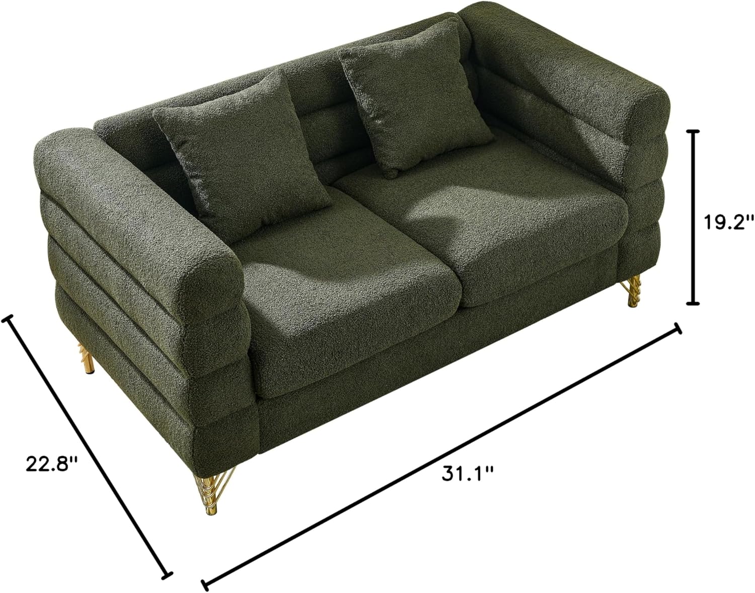 Oversized 2 Seater Sectional Sofa - Deep Seating Comfort with Soft Fabric and 2 Pillows - Ideal for Living Room, Bedroom, or Office - Green Teddy
