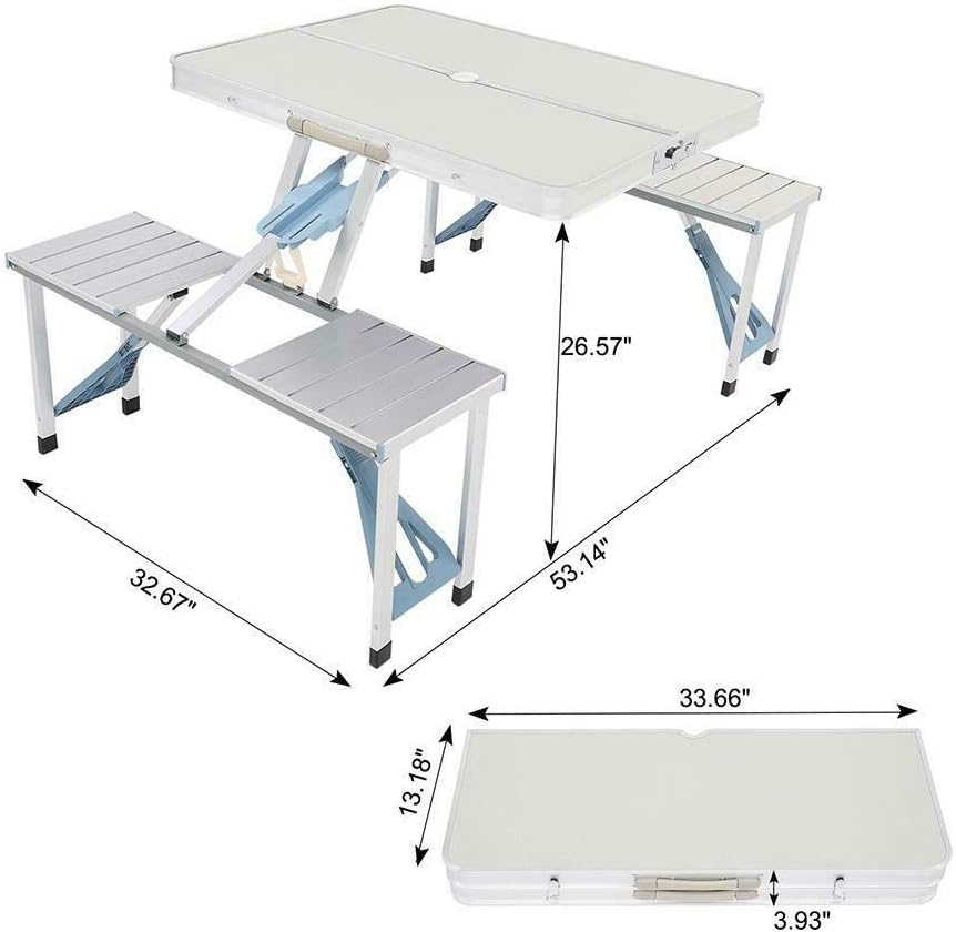 M-K Aluminum Folding Camping Picnic Table with 4 Bench Chair Stool Seat Portable Set, Silver