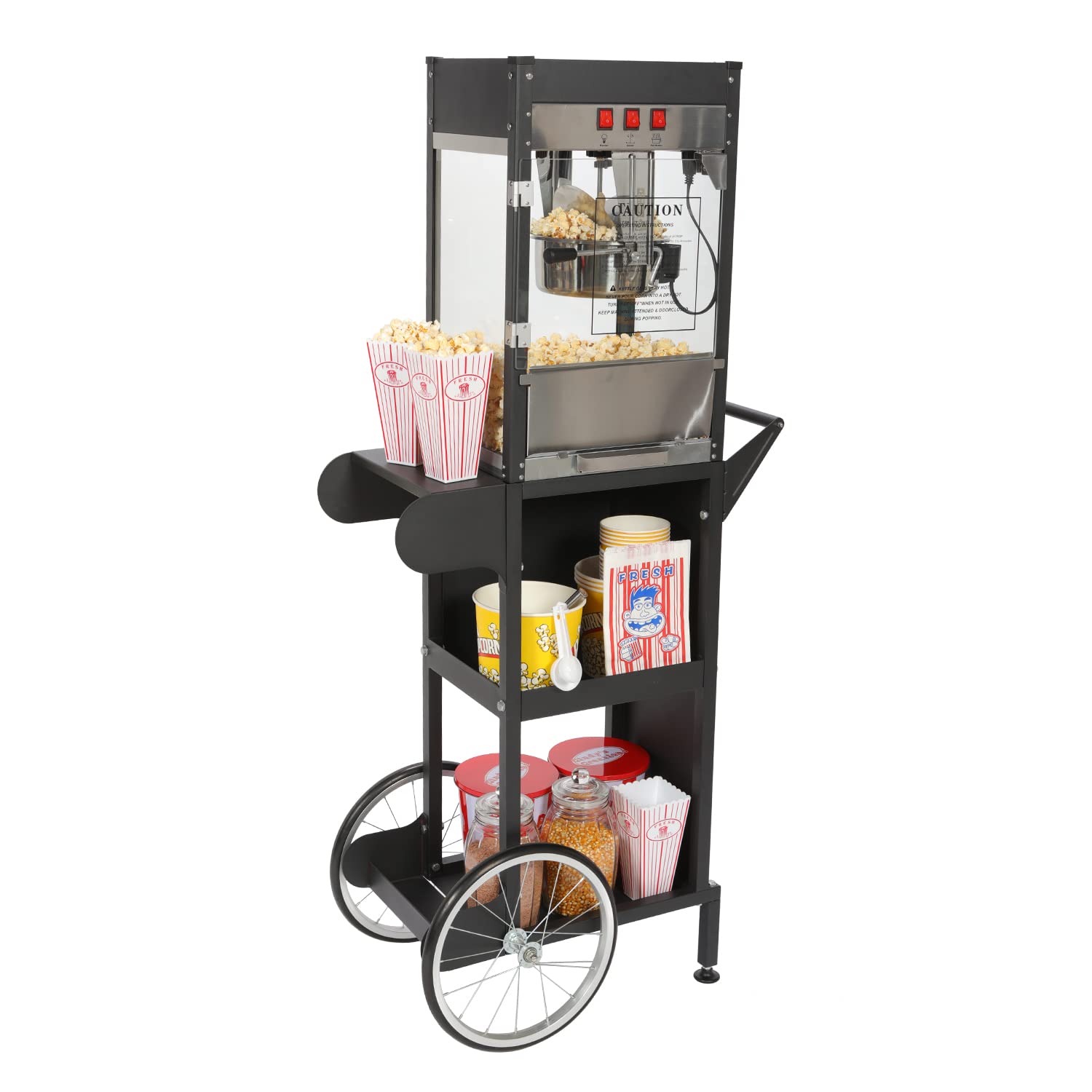 8 Ounce Popcorn Popper Machine With Cart - 3 Gallons Per Batch, Vintage Professional Popcorn Maker Theater Style with Nonstick Kettle Serving Scoop