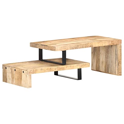 2 Piece Coffee Table Set Solid Mango Wood,Adjustable Mango Wood Coffee Table with Iron Legs, Rustic Industrial Coffee Table Set with 2 Tiers, Black Accent Coffee Tables for Home & Kitchen