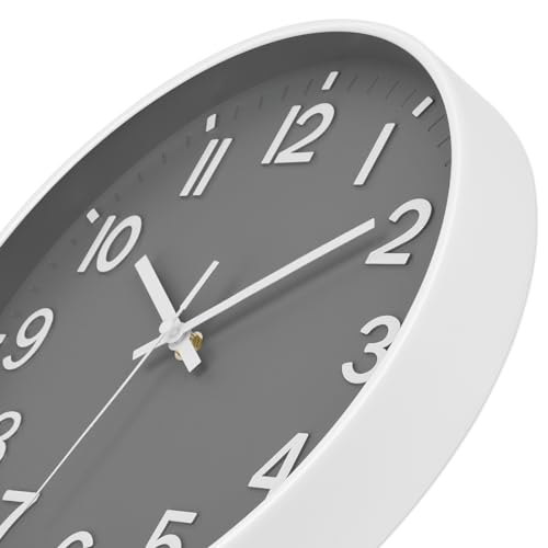 Lumuasky Wall Clock Modern 12 Inch Battery Operated Silent Non-Ticking Decorative Wall Clock for Living Room Bedroom Office Kitchen School Classroom Nursery Decor, 3D Numbers Easy to Read(White-Gray)
