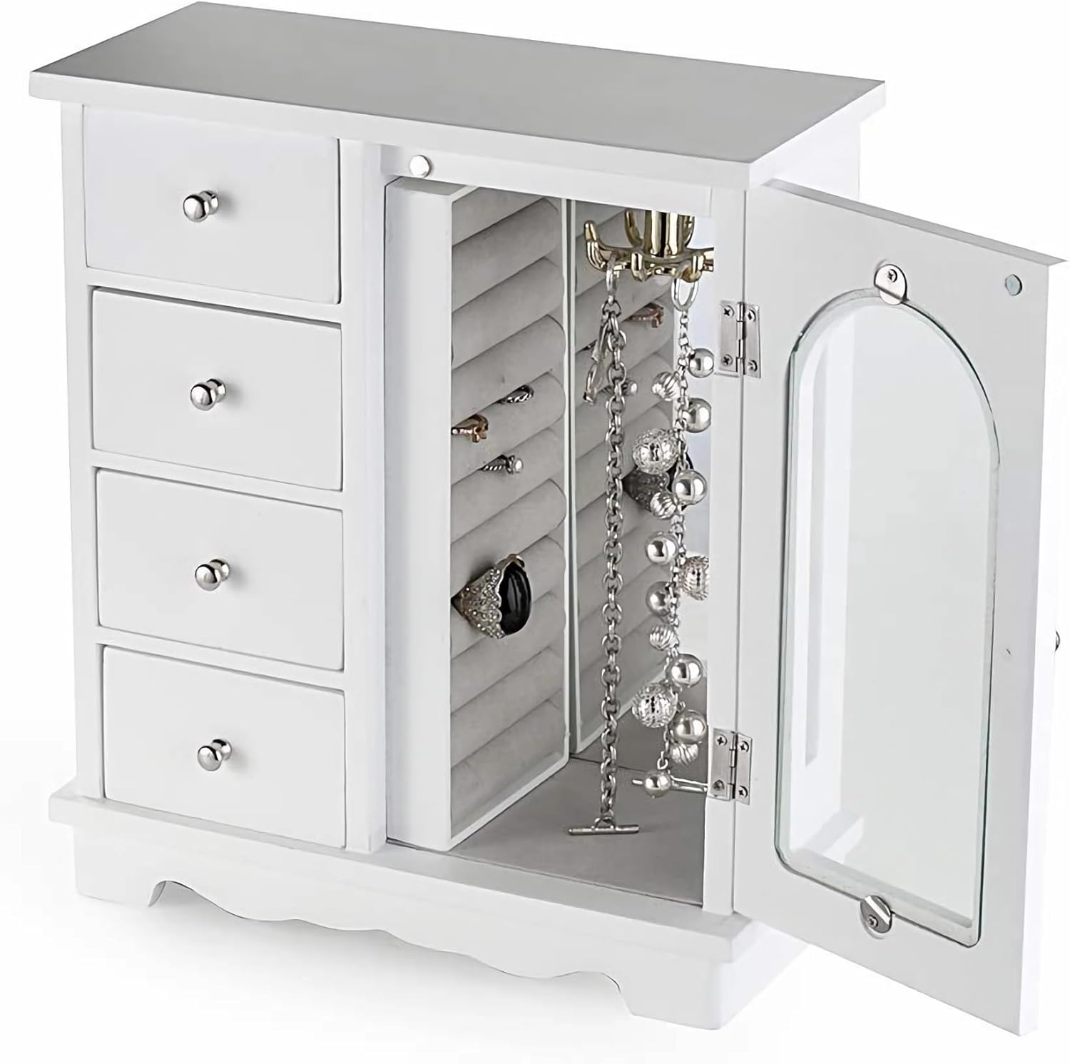 ROSE BLOOM White Wooden Jewelry Box, Large Jewelry Organizer Box Ring Holder with 4- Drawers Built-in Necklace Carousel and Mirror