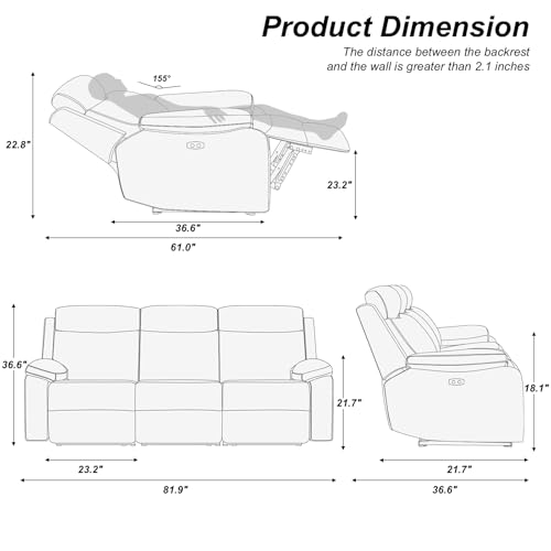 Belffin 81.9” Fabric Couch Recliner, 3-Seater Power Reclining Sofa for Living Room. Home Theater Seating. Dark Grey.