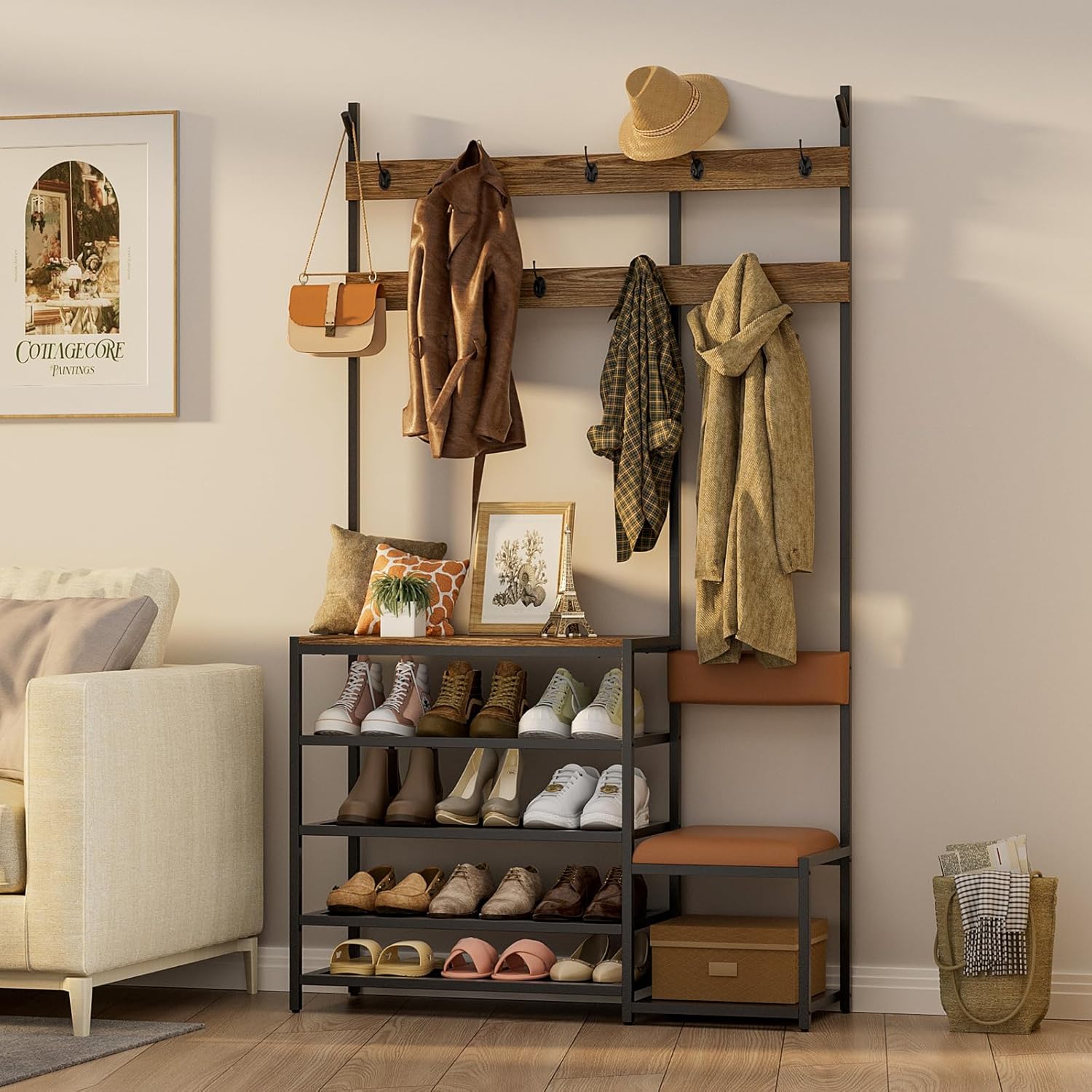 LOVMOR Hall Tree with Shoe Bench, Coat Rack Shoe Bench for Entryway, Multifunctional Coat Rack with 9 Hooks, Entryway Hall Tree with Soft Seat,Metal Wood Look Accent Furniture