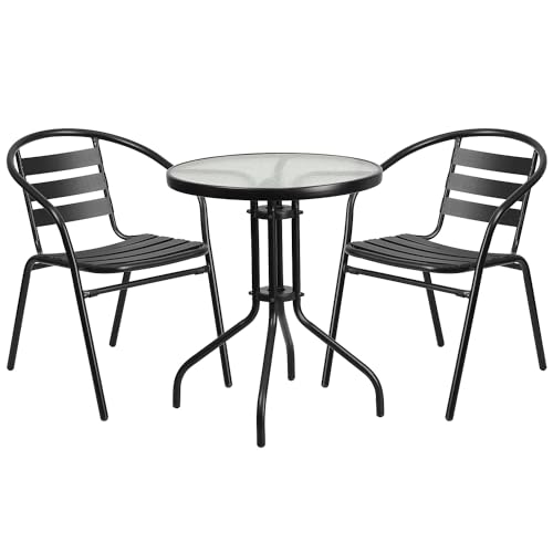 Flash Furniture 23.75'' Round Glass Metal Table with 2 Black Metal Aluminum Slat Stack Chairs