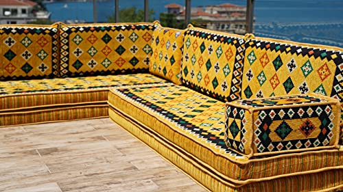 Yellow 8'' Thickness Arabic Sofa, Bohemian Pallet Sectional Sofas, L Sofa Sets, Pallet Sofas, Bohemian Sectionals, Floor Cushions, Floor Couches, Futon Sofa Bed (L Sofa Full Set)