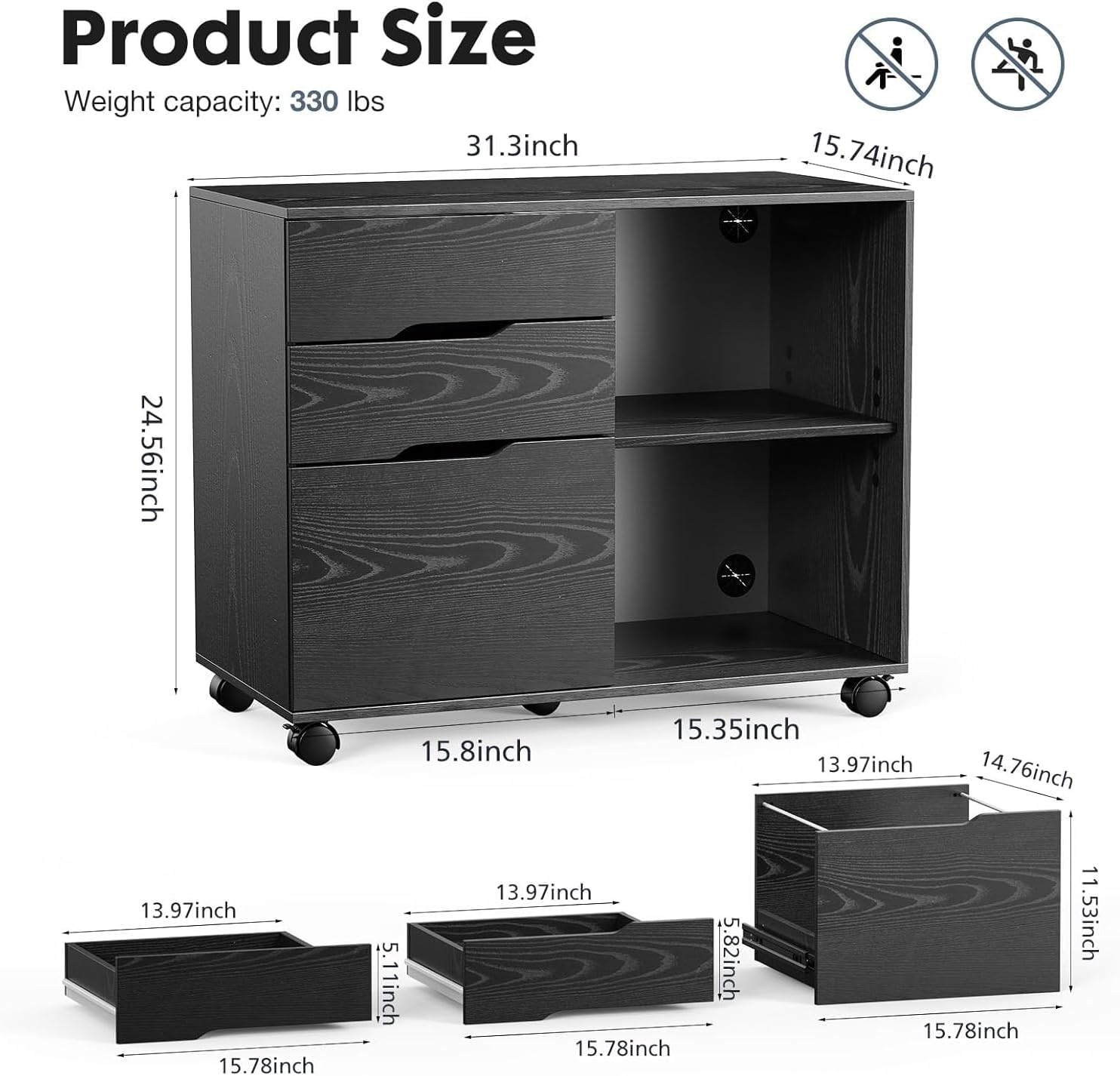 Lateral File Cabinet with 3 Drawers, Rolling Wooden Filing Storage Drawer for Office Home, Black Printer Stand Under Desk Organizer