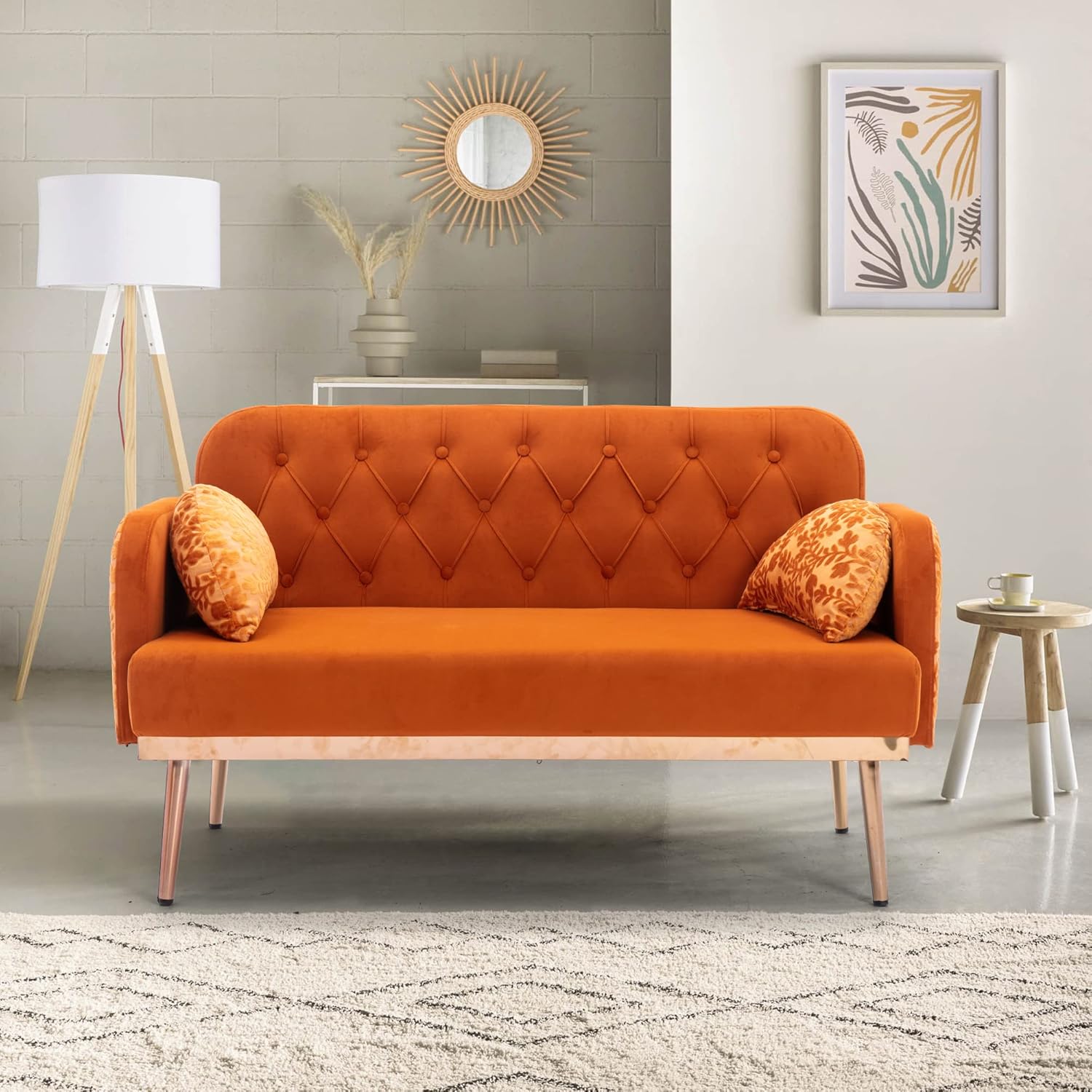 KUIKUI Upholstered Modern Love Seats Sofa, Velvet Small Couch for Small Spaces, Comfy Couch with Metal Feet for Living Room & Apartment, Orange