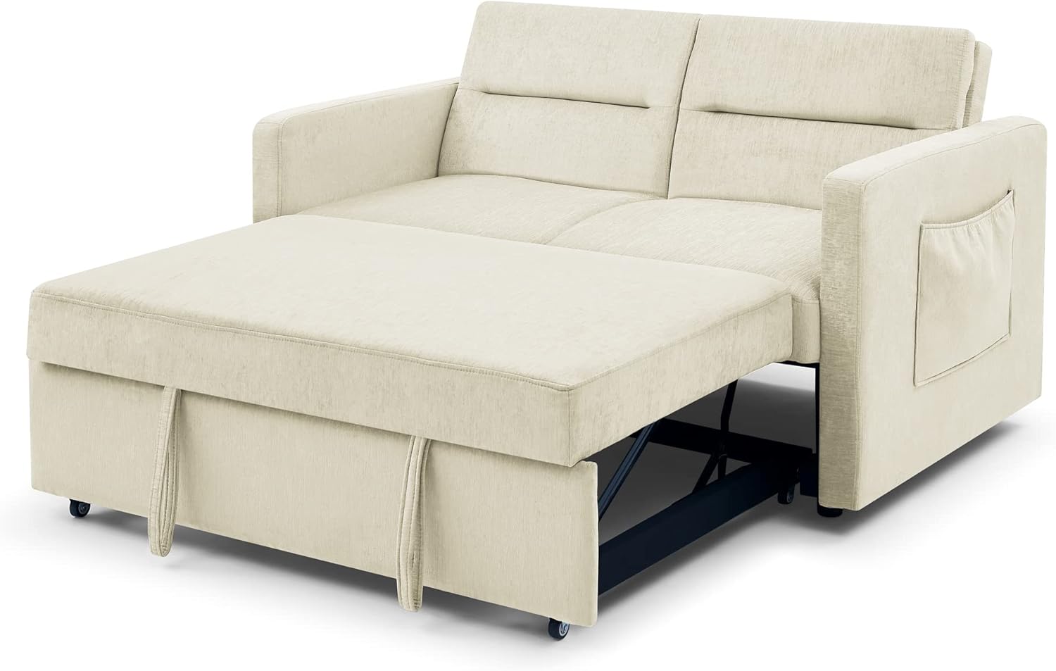 3 in 1 Convertible Sleeper Bed, Modern Loveseat Sofa & Pull Out Futon Couch, Small Love Seat Lounge Chaise w/Reclining Backrest, 2 Pockets, Furniture for Living Room, Beige Velvet 54.5