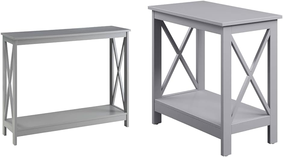 Oxford Console Table, Chairside End Table - 2pc Gray Farmhouse Furniture Collection with Shelves