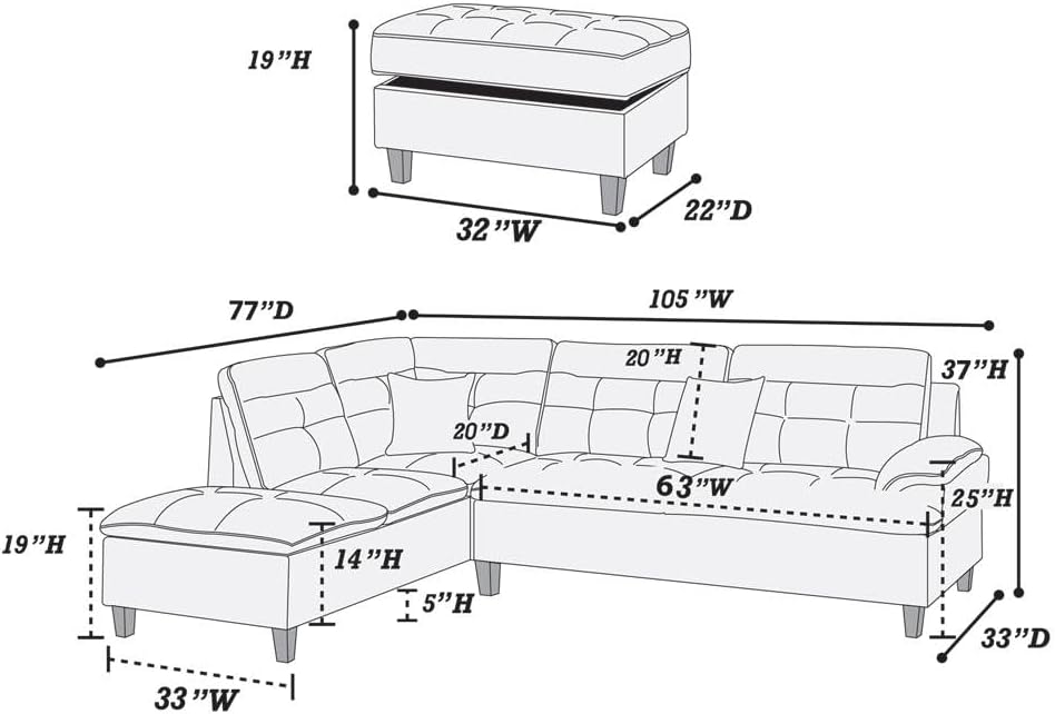 Living Room Furniture Charcoal Cushion Sectional w Ottoman Linen Like Fabric Sofa Chaise