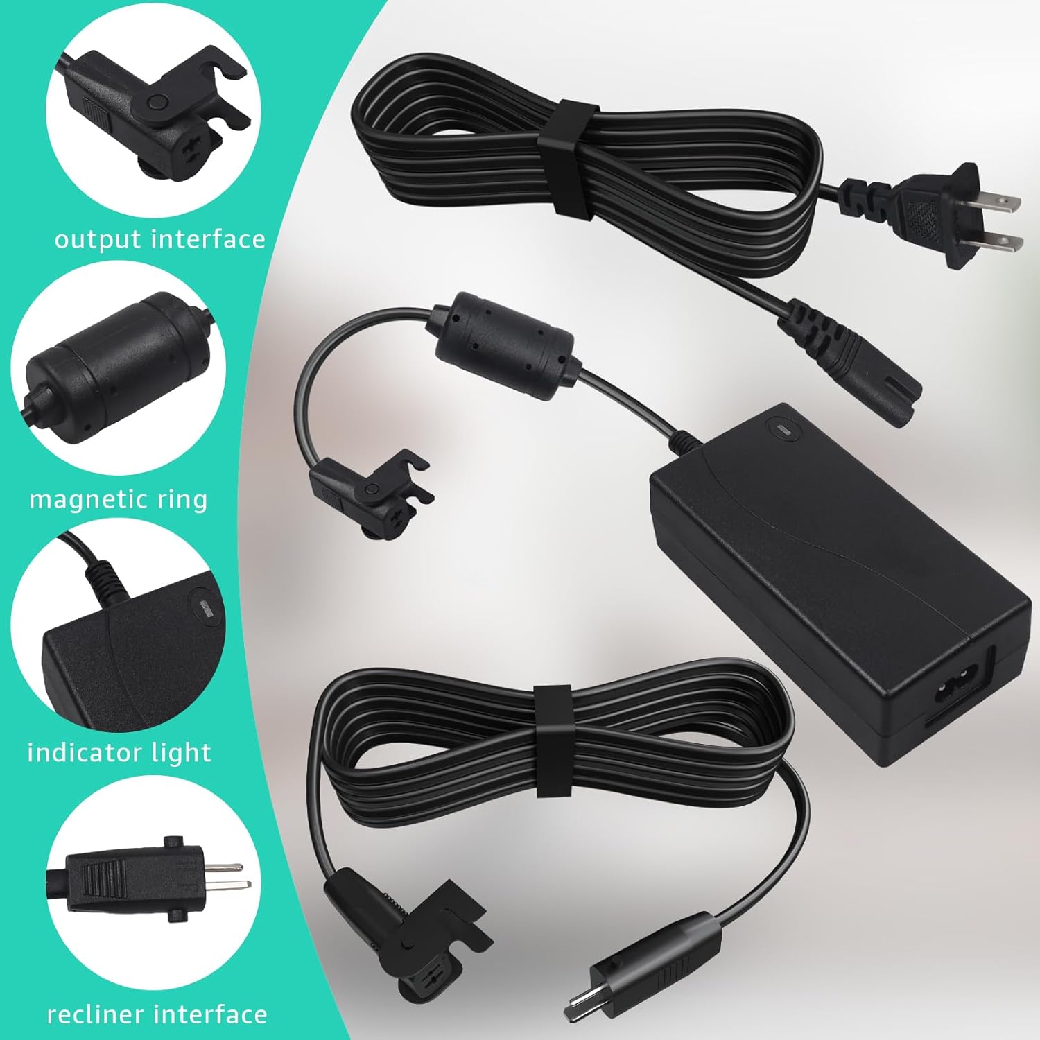 Recliner Power Supply Replacement Cord for Electric Couches and Recliners.2-Pin 29V2A Power Adapter with Extension Cord for Lift Chair, Recliner Sofa, Recliner Couch,Black