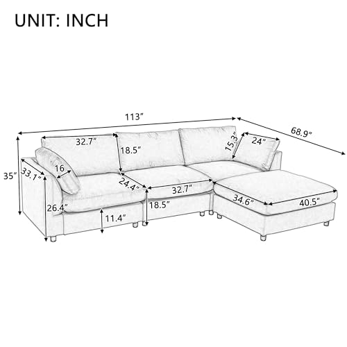 Modular Sectional Sofa Couch, L Shape Sofa with Reversible Chaise, 4 Seater Grey Modern Convertible Sectional Couch for Living Room, Apartment, Office (White, 100.4