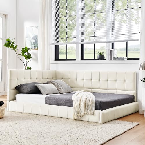 SOFTSEA Full Size Upholstered Floor Daybed, Modern L-Shaped Daybed with Tufted Backrest, Velvet Corner Sofa Bed Grounded Platform Bed Frame with Slats Support for Kids Teens Adults, Grey