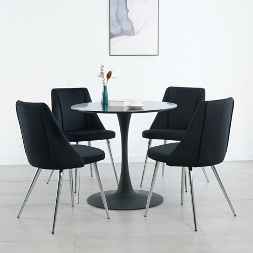 Dining Chairs Set of 4, Mid-Century Modern Dining Chairs, Velvet Upholstered Kitchen Dining Room Chairs, Curved Backrest Round Dining Chair with Silver Metal Legs for Living Room, Kitchen, Blue