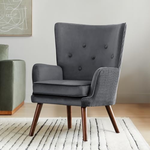 Wingback Velvet Accent Chairs, Mid Century Modern Arm Chair Tufted Button Armchair, Comfy Upholstered Club Lounge Sofa Reading Chair with Solid Wood Legs for Living Room, Bedroom, Blue