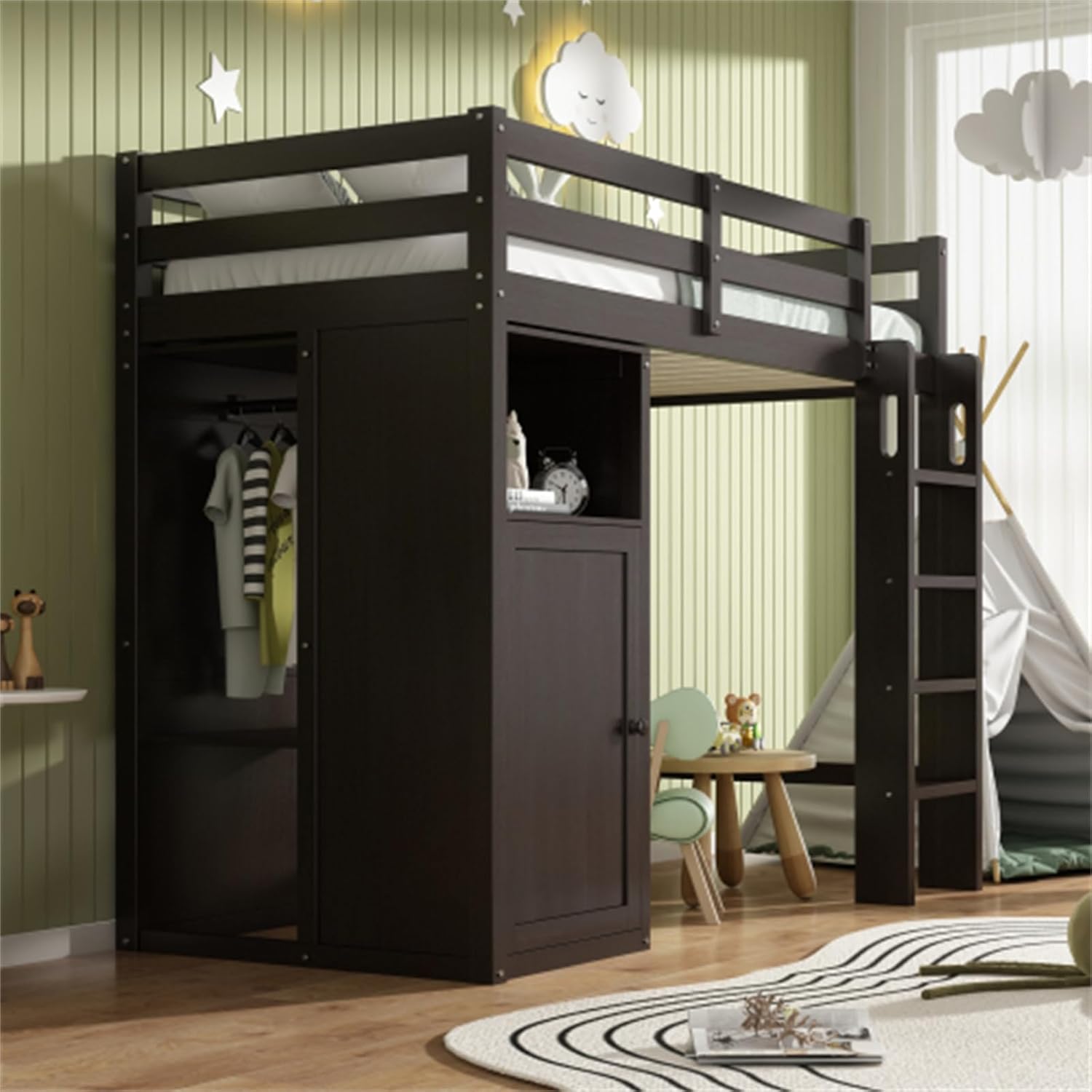 Simple and atmospheric double-decker loft bed with wardrobe, storage rack and ladder, coffee color