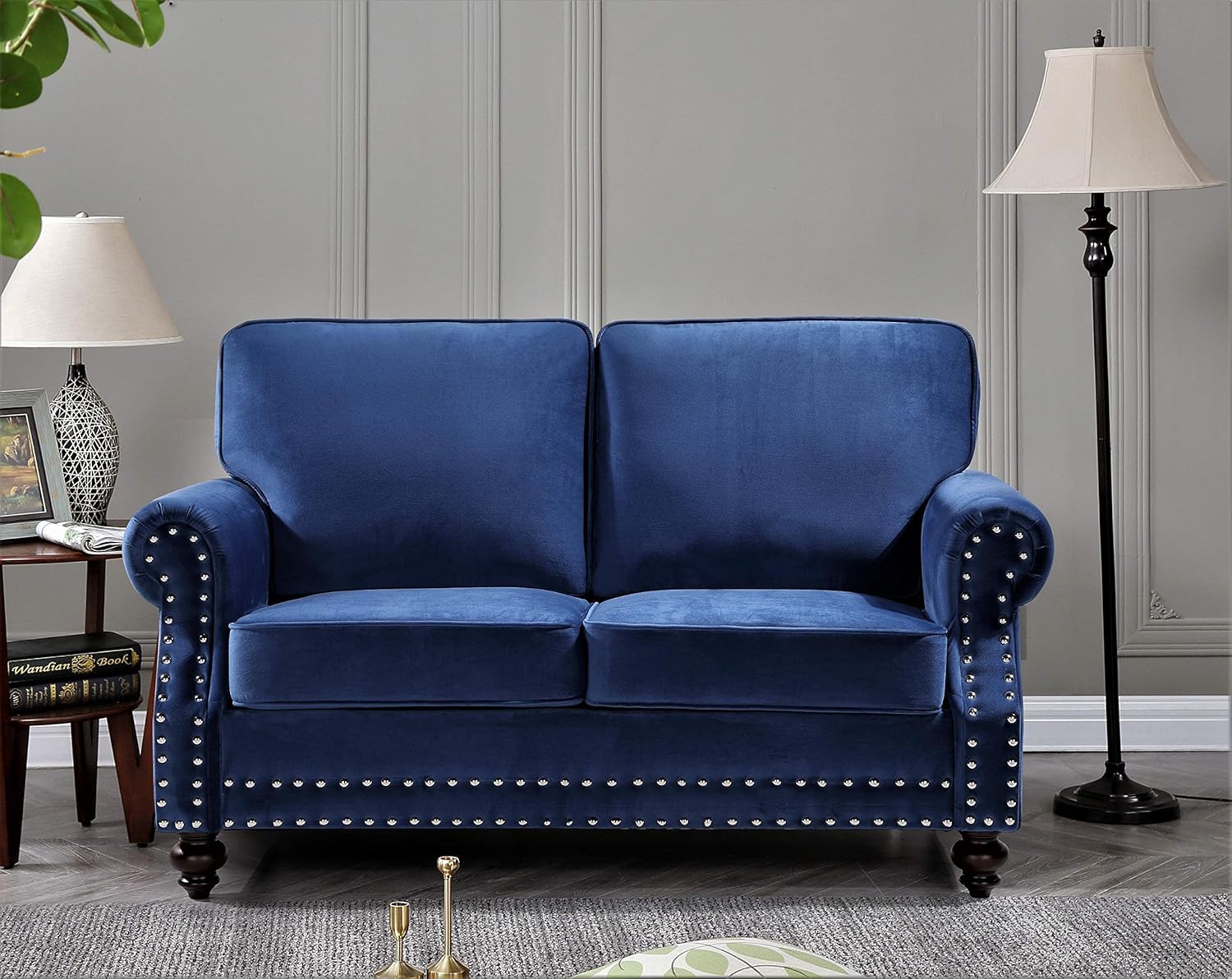 US Pride Furniture Soft Elegant Dark Blue 61.42’’ Wide Velvet Tight Back Rolled Arm Living Room Set Loveseat with Removable Cushion & Solid Wood Legs (S5670-5676) Sofas