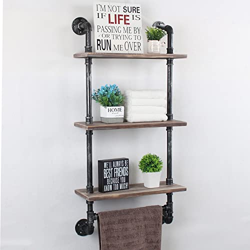MBQQ Industrial Pipe Shelf Bathroom Shelves Wall Mounted,19.6in Rustic Wood Shelf with Towel Bar,1 Tier Farmhouse Towel Rack Over Toilet,Pipe Shelving Floating Shelves Towel Holder,Retro Grey
