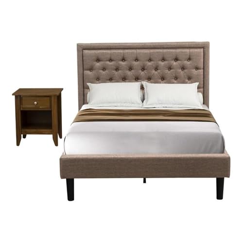 East West Furniture KD16F-1VL07 2 Piece Wooden Bedroom Set-1 Full Bed Frame Dark Khaki Linen Fabric Padded and Button Tufted Headboard with 1 Night Stands-Distressed Jacobean Finish Nightstand