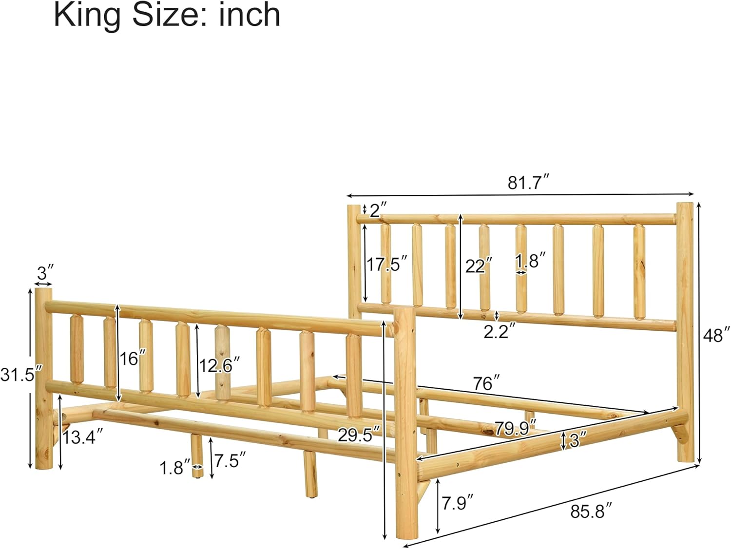 Farmhouse Log Bed Frame King Size, Rustic Style Pure Solid Pine Cylinder Construction, Natural Finish, Fits Mattresses and Box Springs