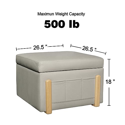 Ottoman Coffee Table - Large Square Ottoman with Storage for Living Room Bedroom， Faux Leather Ottomans Foot Rest Stool with L Shaped Wooden Legs and Lift Top Feature, Cadet Blue