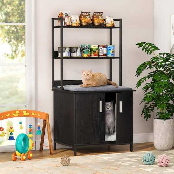 Kellum Black Litter Box Enclosure, Industrial Cat Cabinet with Shelves and Doors - Pet Supplies online store