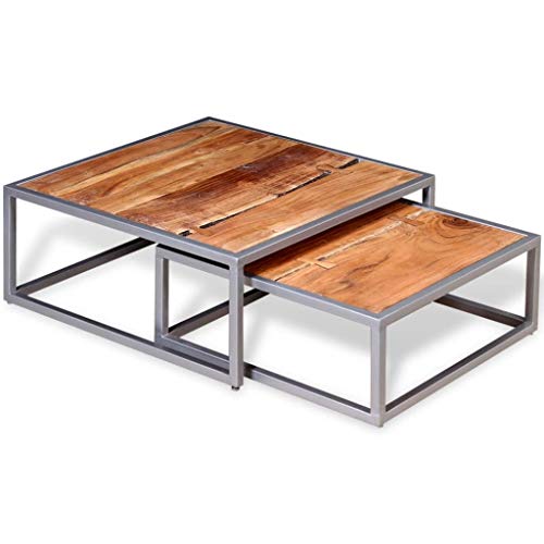 Two Piece Nesting Coffee Table Set with Rustic Wood Surface Top and Solid Metal Legs Industrial Sofa Table for Living Room Contemporary Design Home in Solid Sheesham Wood.