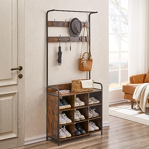 ROOMTEC Coat Rack, Hall Tree with Shoe Rack for Entryway, 3-in-1 Entryway Coat Rack and Storage Rack, with 7 Hooks, a Hanging Rod