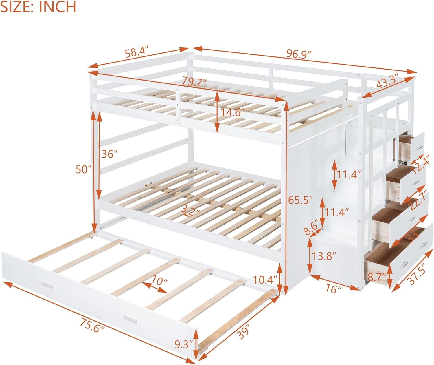 Harper & Bright Designs Full Over Full Bunk Bed with Storage, Wooden Bunk Bed with Trundle and Staircase, White