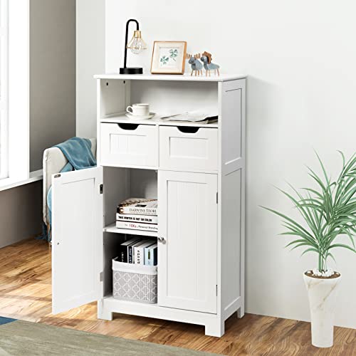 Bathroom Storage Cabinet, Bathroom Floor Cabinet w/ 2 Removable Drawers, 2 Doors & Adjustable Shelf, Bathroom Cabinets Organizer for Living Room, Kitchen & Entryway (Black)