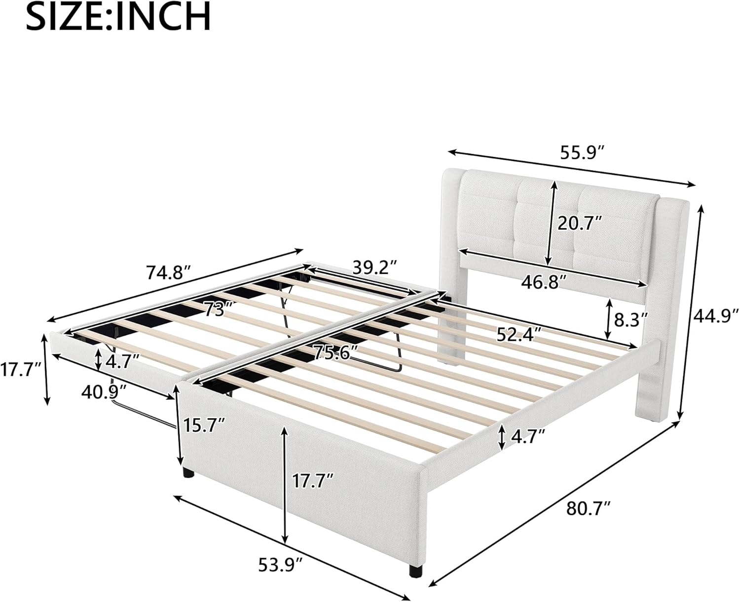 Full Size Bed Frame with Twin Size Trundle Bed, Linen Upholstered Platform Bed with Tufted Headboard, Full Bed Frame with Strong Wooden Slats, Easy Assembly Trundle can be Flat or erected