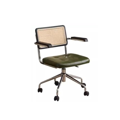 Office Chair Liftable Office Chair with Rattan Backrest, Book Chair with Armrests, Living Room Chair Color: Brown and Dark Green Office Computer Desk Chair(A)