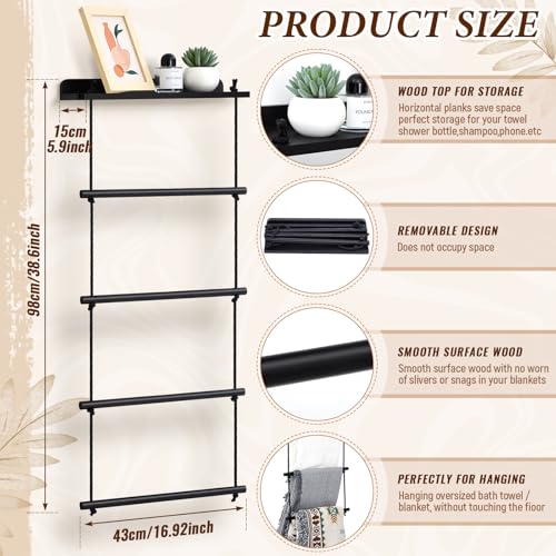 5 Layer Wooden Blanket Ladder 5.9 x 16.5 x 38.6 Inch 2 in 1 Towel Racks Decorative Wall Wood Shelf Blanket Holder Quilt Towel Holder Rack for Bathroom Living Room Bedroom (Black)