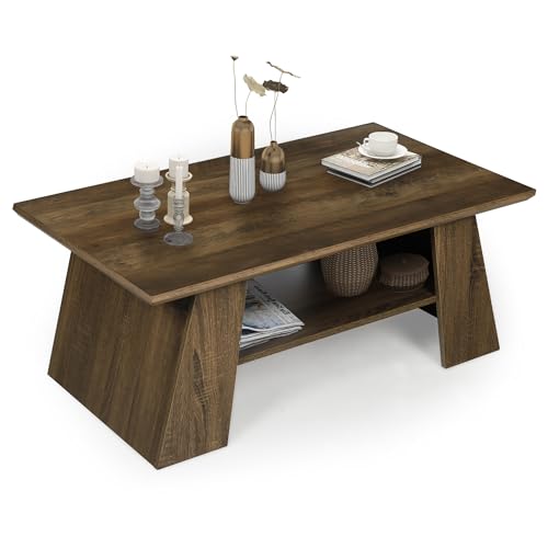 AILEEKISS Coffee Table with Storage Shelf, 2-Tier Mid Century Modern Coffee Tables, Farmhouse Wooden Center Table for Living Room, Bedroom, Office, Balcony (Black Marble & Brown)