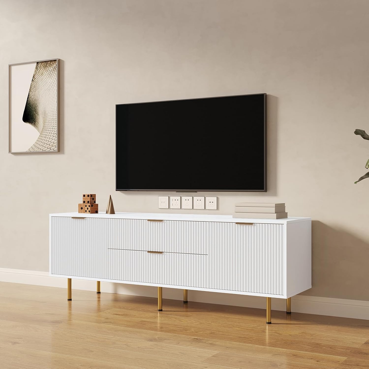 Entertainment Center TV Console Cabinet in White, Modern TV Stand for Televisions up to 70 Inchs, Furniture Cabinet for Living Room Gaming Room Office, Large
