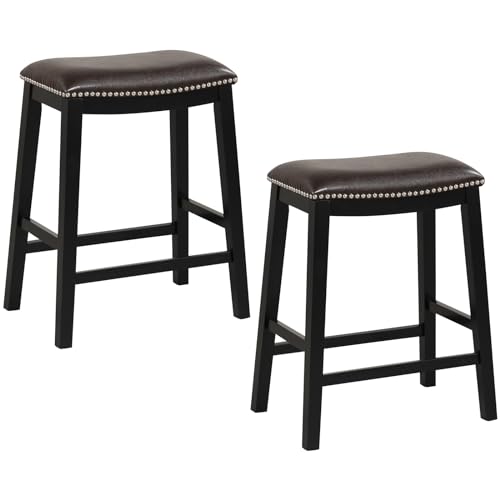 COSTWAY Saddle Stools Set of 2, 26-inch Height Upholstered Leather Backless Bar Stools with Decorative Rivets, Footrests, Solid Frame, Wooden Counter Stools for Kitchen Island Dining Room, Grey+White