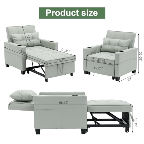 Sleeper Chair Bed, Modern 3 in 1 Convertible Chair Bed, Pull Out Sleeper Chair with USB/Type C Ports and Cup Holder, Wear-Resistant and Anti-Scratch Chair Bed Sleeper for Adults, Living Room-Orange