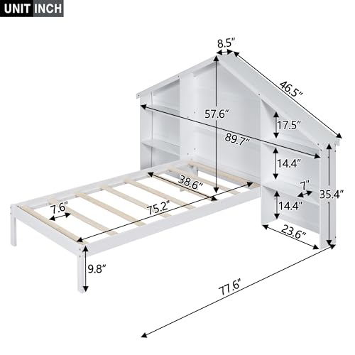 Merax Wood Twin Size Platform Bed with House-Shaped Storage Headboard and Built-in LED, Pink
