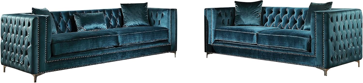 ICE ARMOR 2Pc Living Room Set Loveseat in Dark Teal Velvet Sofas