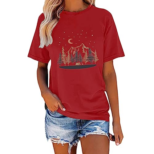 Graphic Tees for Women Casual Solid Color Diverse Patterns Printing Crewneck Short Sleeve Shirts Womens Summer Tops