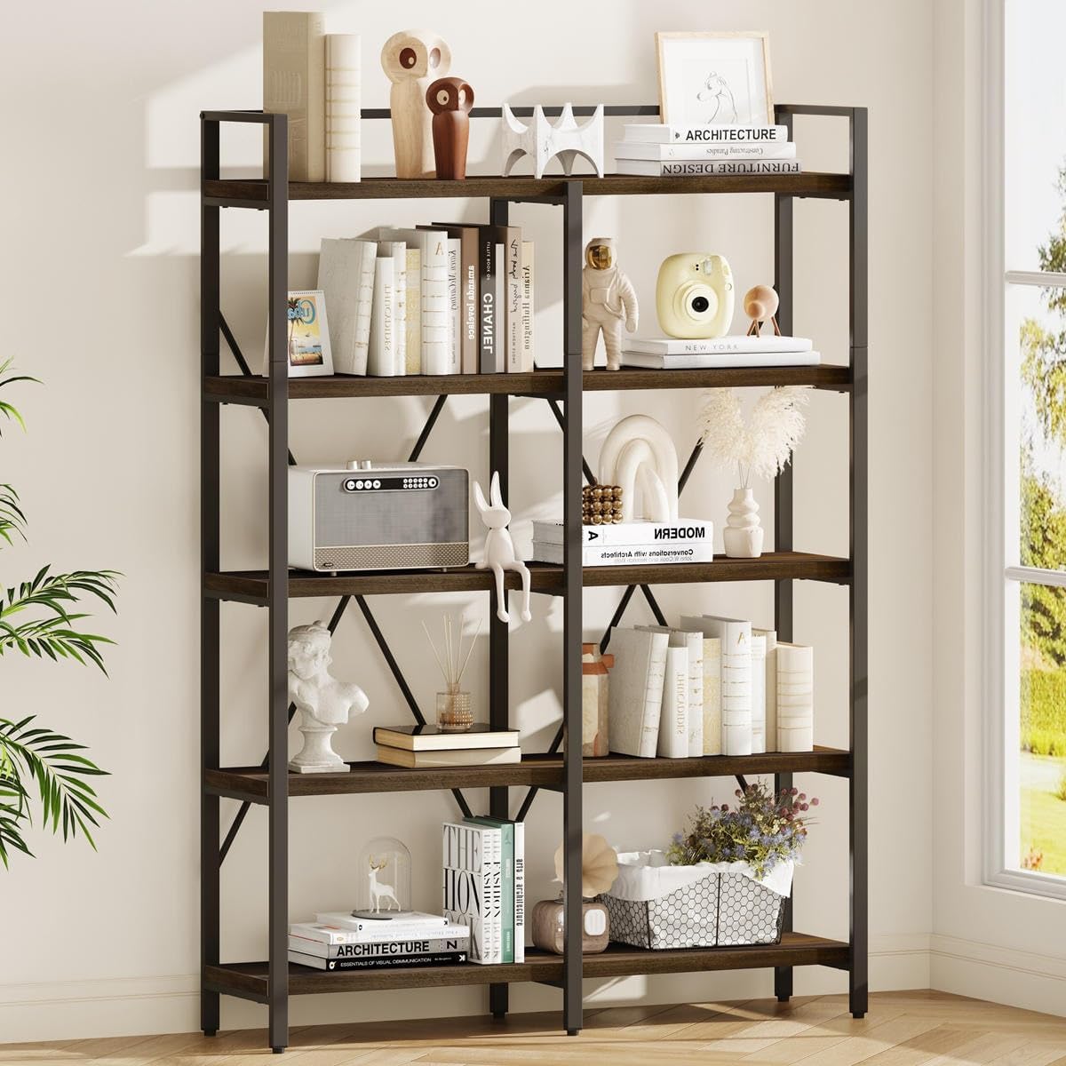 FATORRI Industrial Bookshelf and Console Table with Drawers for Home (Walnut Brown)