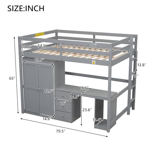 Full Size Loft Bed, Modern Loft Bed with Desk, Wardrobe and Storage Drawers, High Fence, Built-in Ladder, Space Saving, Wood Loft Bed for Bedroom Apartment Small Space (White)